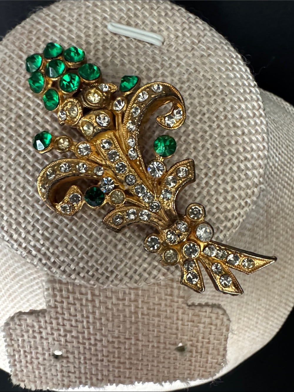 VTG 1940s Art Nouveau Floral Cornucopia Brooch Pin Gold Tone Green & Clear Stone